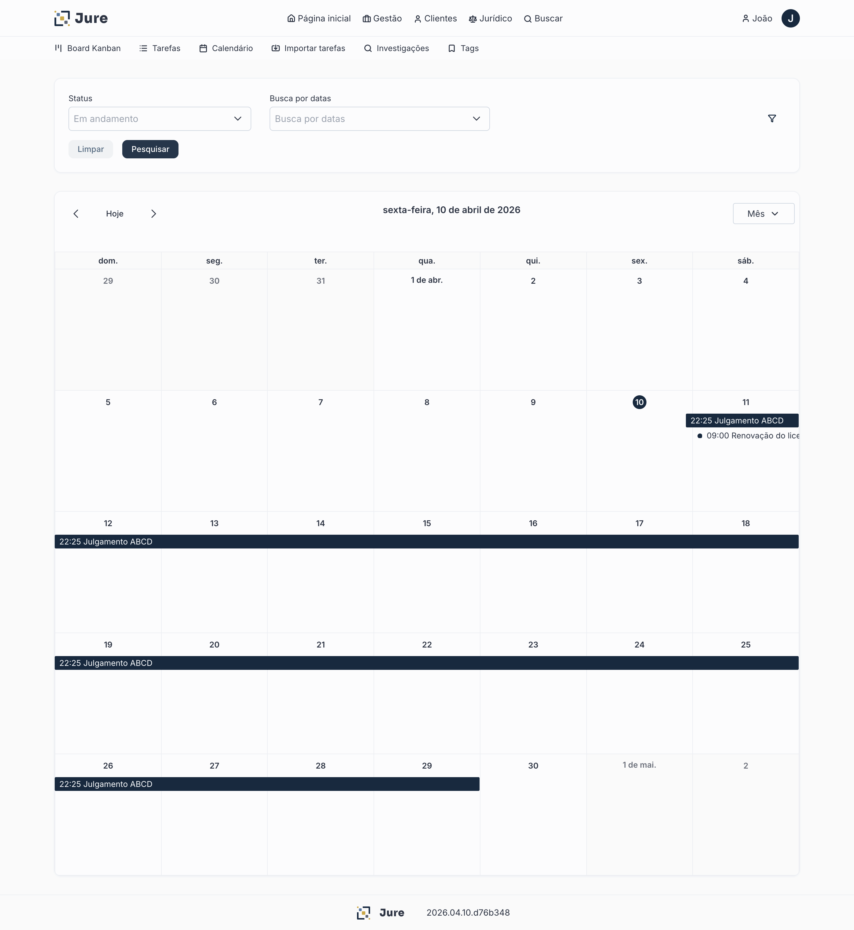 Calendário do Jure na visão mensal, exibindo compromissos e prazos do escritório