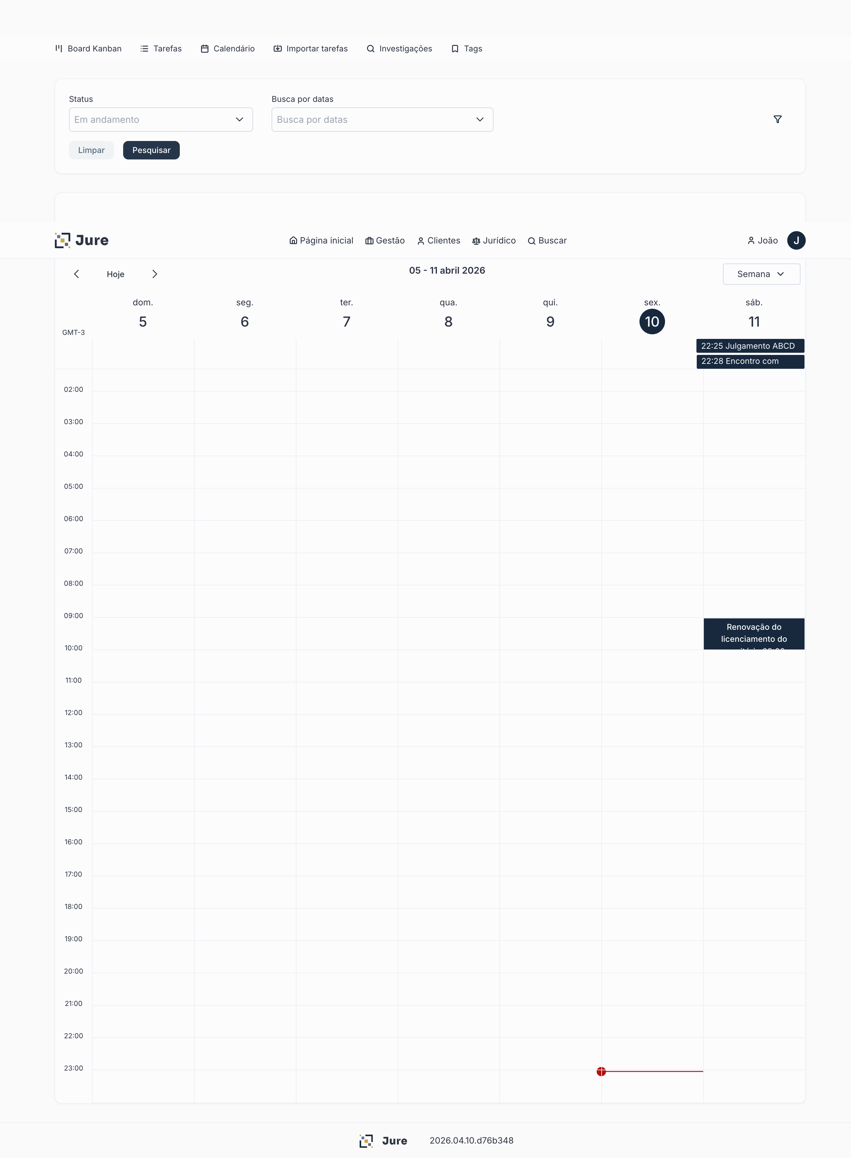 Calendário do Jure na visão semanal, com detalhamento por dia