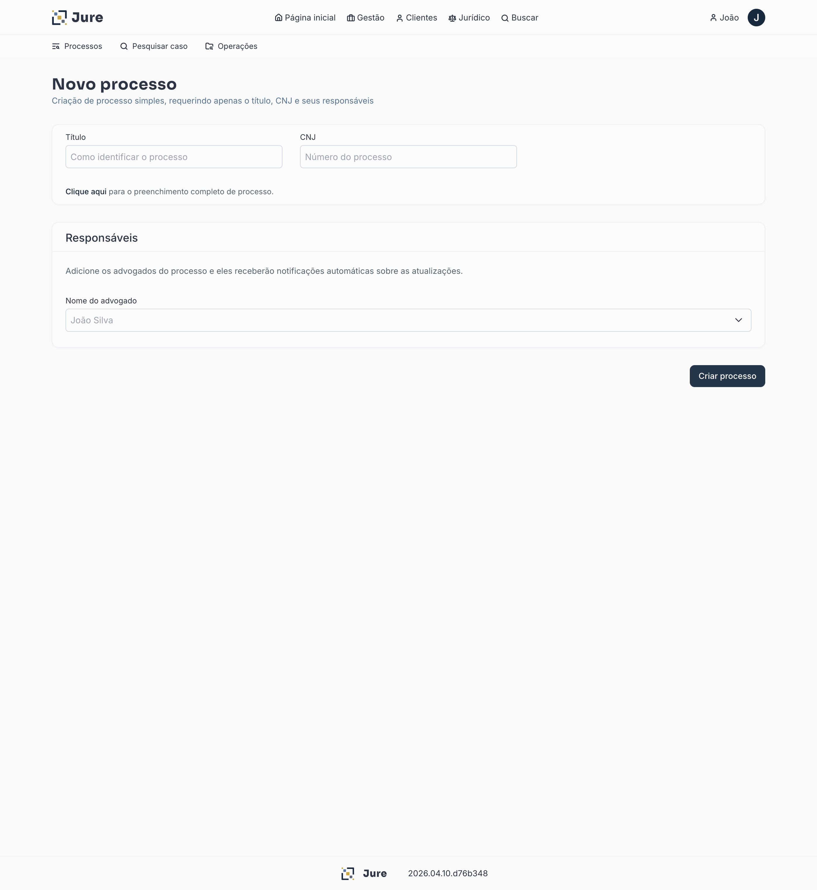 Formulário de novo processo por CNJ
